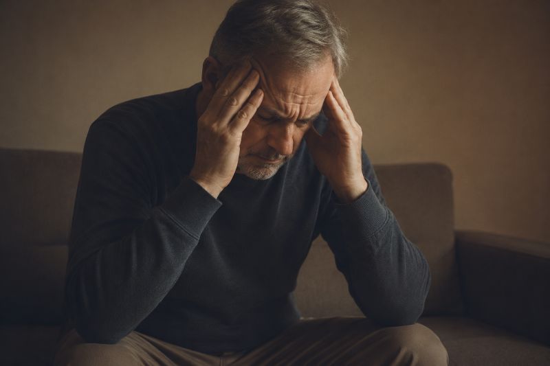 Older man sitting on his couch with serious head pain